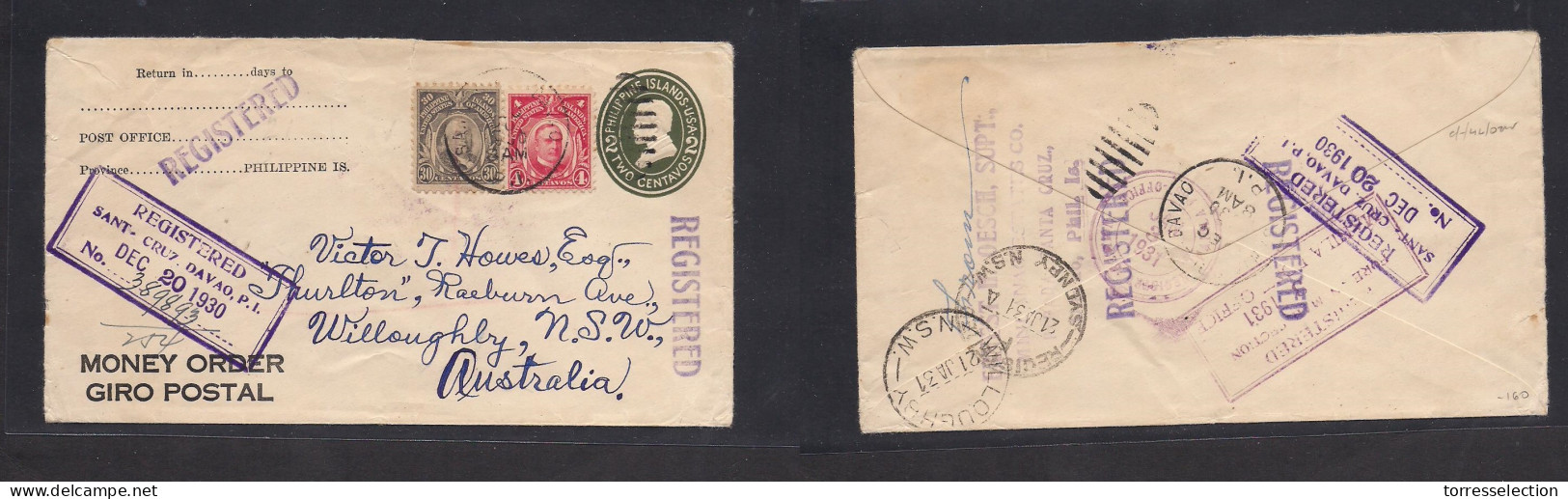 PHILIPPINES. 1930 (20 Dec) Santa Cruz, Davao - Australia, NSW, Willoughby. Registered 2c Green Stat Env + 2 Adtls, Tied  - Philippinen