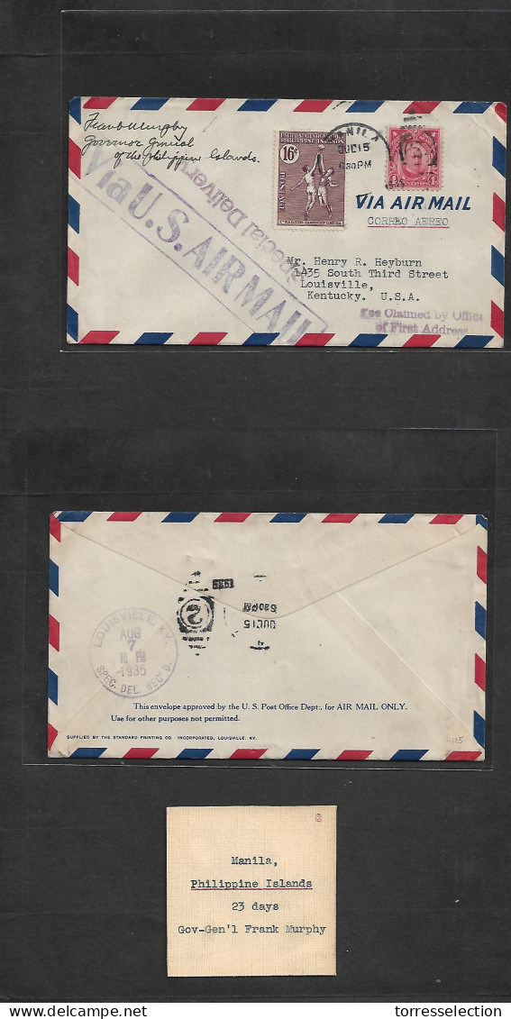 PHILIPPINES. 1935 (July 15) Manila - USA, Kentucky, Louisville (7 Aug) Air Multifkd Env. Basket Stamp + Fee Claimed + Sp - Philippines