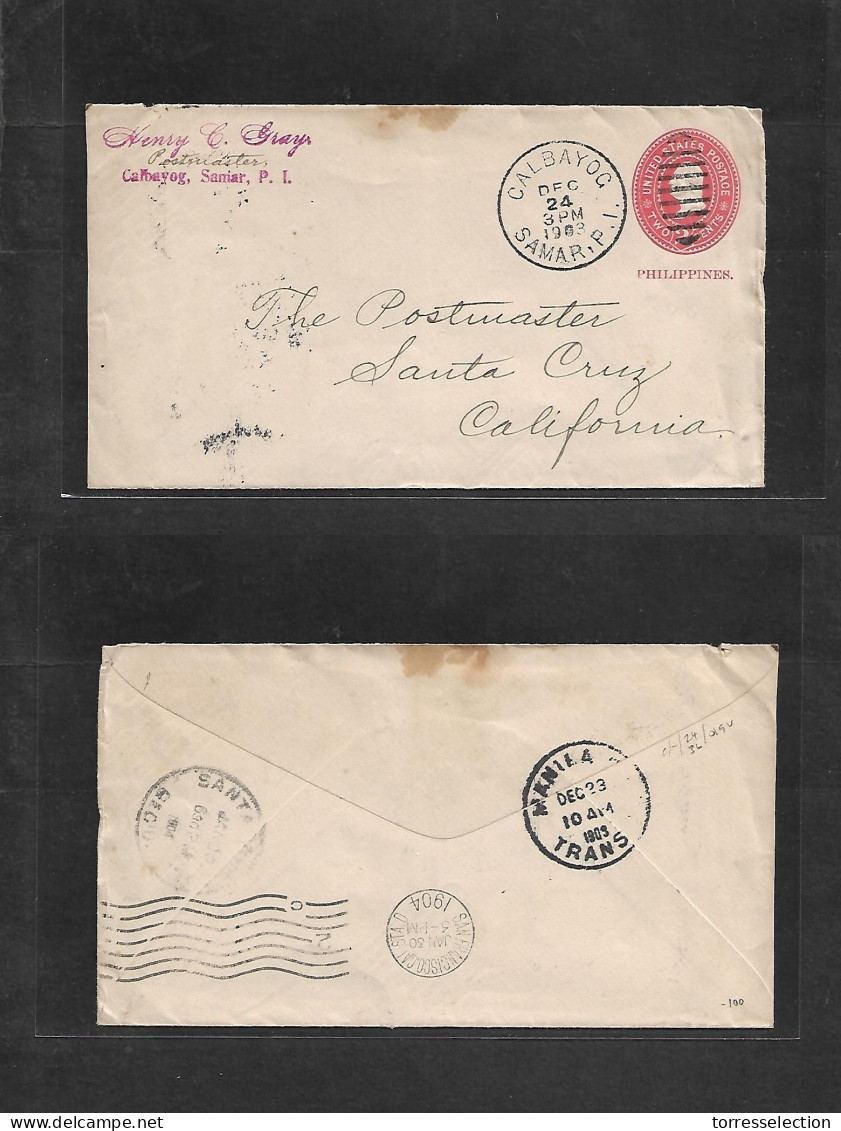 PHILIPPINES. 1903 (24 Dec) Calbayog, Samar - USA, California, Santa Cruz (Jan 30) Via SF. 2 Cts Red Ovptd Stat Env. Scar - Filippine