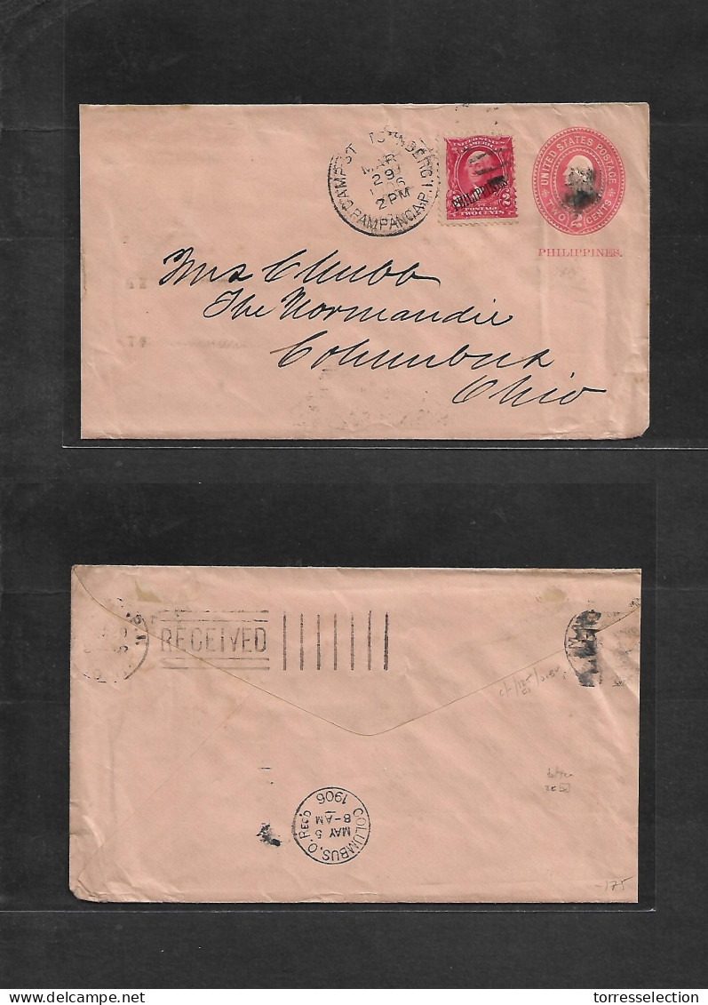 PHILIPPINES. 1906 (29 March) Camp Stotenberg, Pampanga - Usa, OH. Colombus (May 5) 2c Red Ovptd Philippines + 2c Ovptd A - Filippine