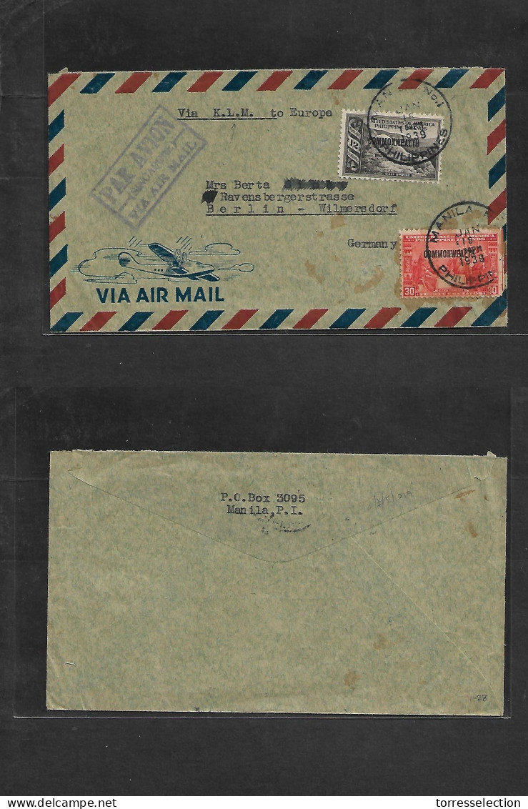 PHILIPPINES. 1939 (16 Jan) Manila - Germany, Berlin. Via KLM + Via Air Mail Singapore Cachet. Air Multifkd Ovptd Issue E - Filippine