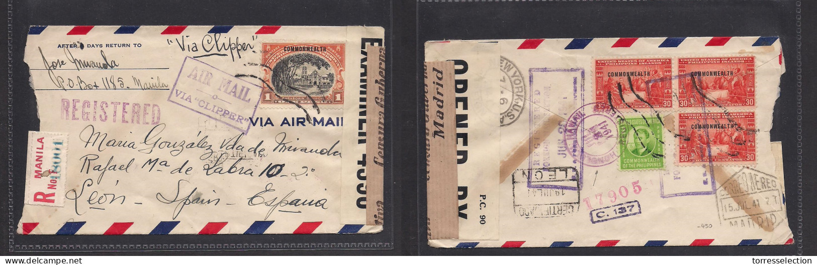 PHILIPPINES. 1941 (20 June) Manila - Spain, Leon (19 Julio) Registered Air Multifkd P+R. Chd Envelope, British + Spanish - Filippine