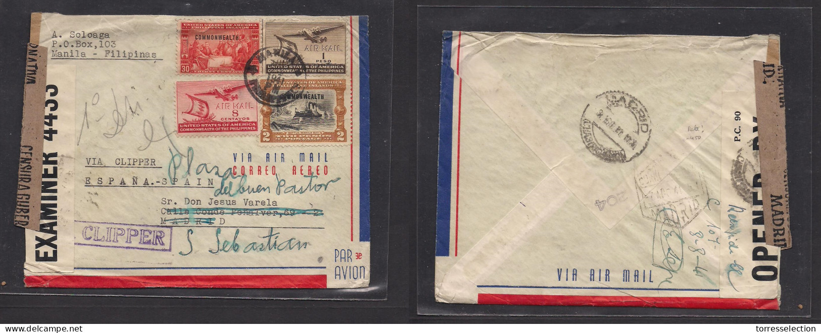 PHILIPPINES. 1941 (July 4) Manila - Spain, San Sebastian. Air Multifkd Envelope (via Clipper) + Arrival Censor Labels. E - Filippine
