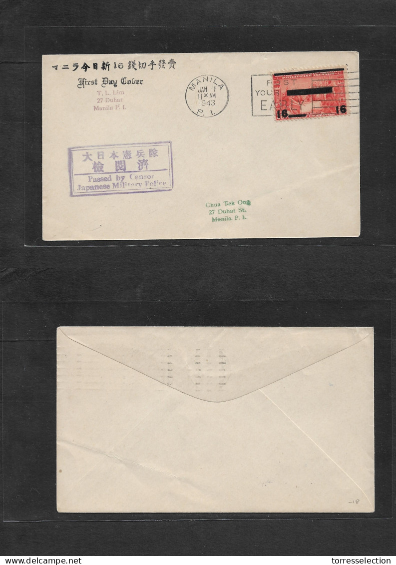 PHILIPPINES. 1943 (11 Jan) Manila Local Usage Japanese Occup FDC / Ovptd Issue. Bilingual Printed Env + Cachet. Fine. - Filipinas