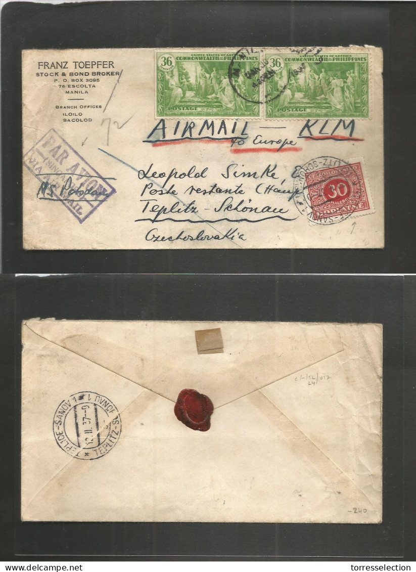 PHILIPPINES. 1937 (30 Jan) Manila - Czechoslovakia, Teplitz - Schonan (12 Febr) Airmail Fkd Env, Violet Air Cachet "Par  - Filippine