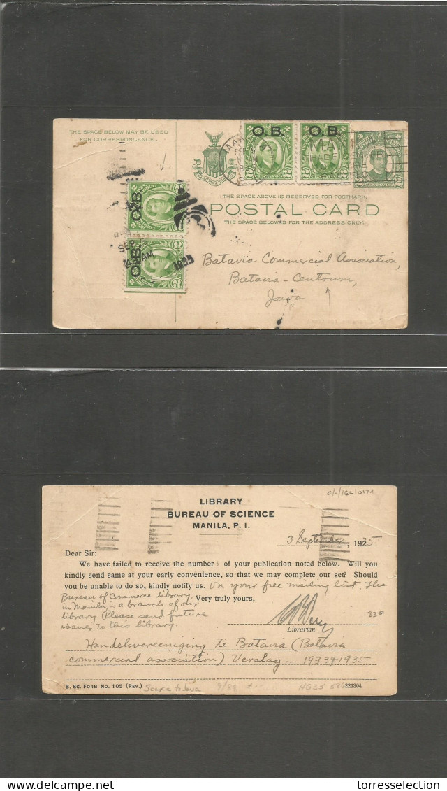 PHILIPPINES. 1935 (3 Sept) Manila - Java, Batavia, Dutch Indies. 2c Green Stat Card + (4x) OB Official Issue. Very Scarc - Filippine