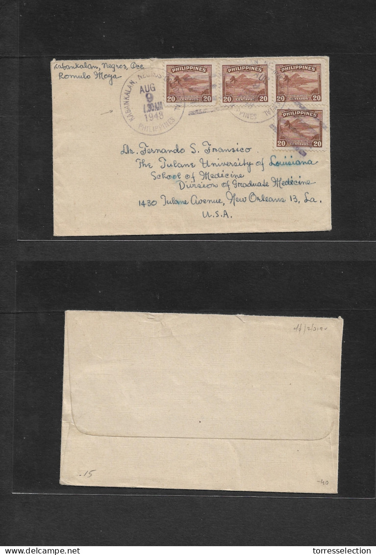 PHILIPPINES. 1948 (9 Aug) Kabankalan, Negros Occidental - USA, New Orleans, LA. Multifkd Envelope. - Filippine