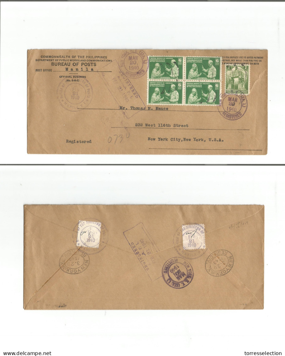 PHILIPPINES. 1940 (21 Feb) Manila - USA, NYC (20 Mar) Official Penalty Envelope + Adtl Fkg For Registration. Fine Used + - Filippine