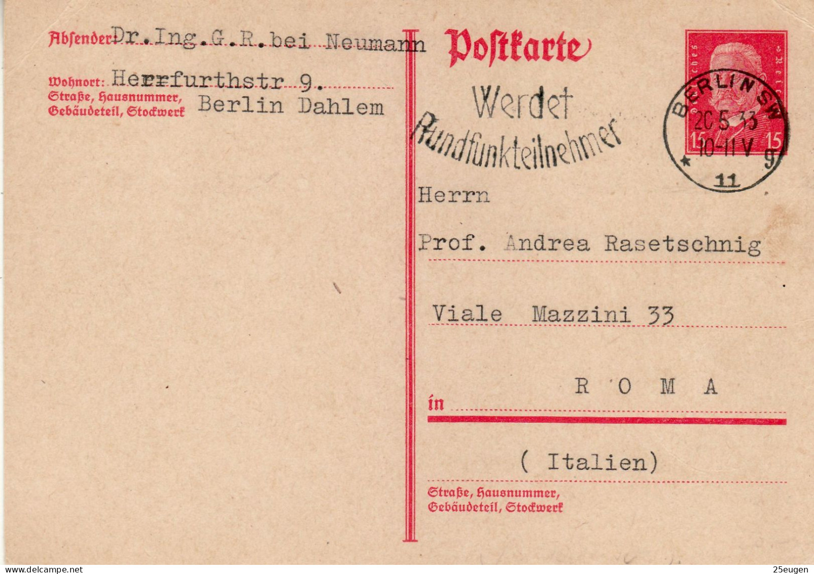 GERMANY WEIMAR REPUBLIC 1933 POSTCARD  MiNr P 182 I SENT FROM BERLIN TO ROMA - Postcards