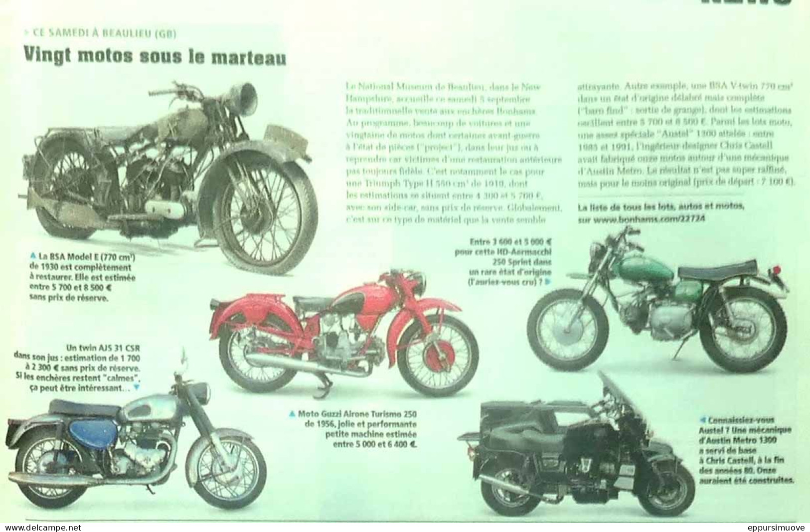 Article Papier ENCHERES BSA AERMACCHI MOTO GUZZI Septembre 2015 LVMF - Ohne Zuordnung