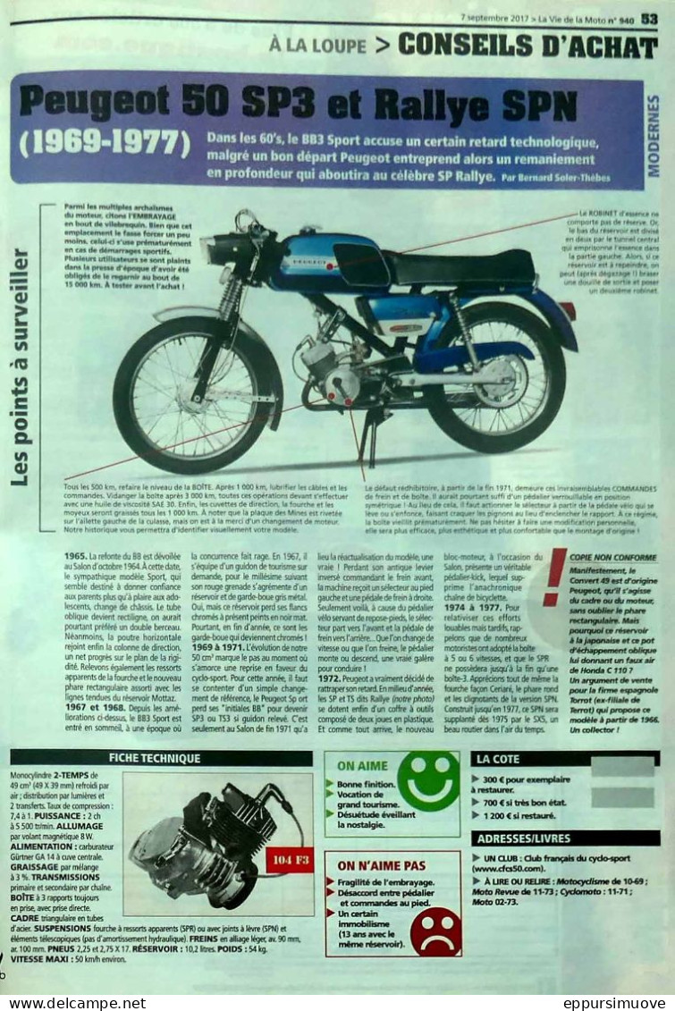 Article Papier MOTO CYCLO PEUGEOT 50 SP3 + RALLYE SPN Septembre 2017 LVMF - Ohne Zuordnung