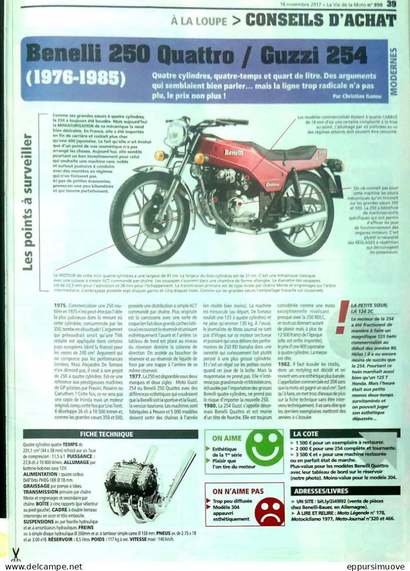 Article Papier MOTO GUZZI 254 BENELLI 250 QUATTRO  Novembre 2017 LVMF - Ohne Zuordnung