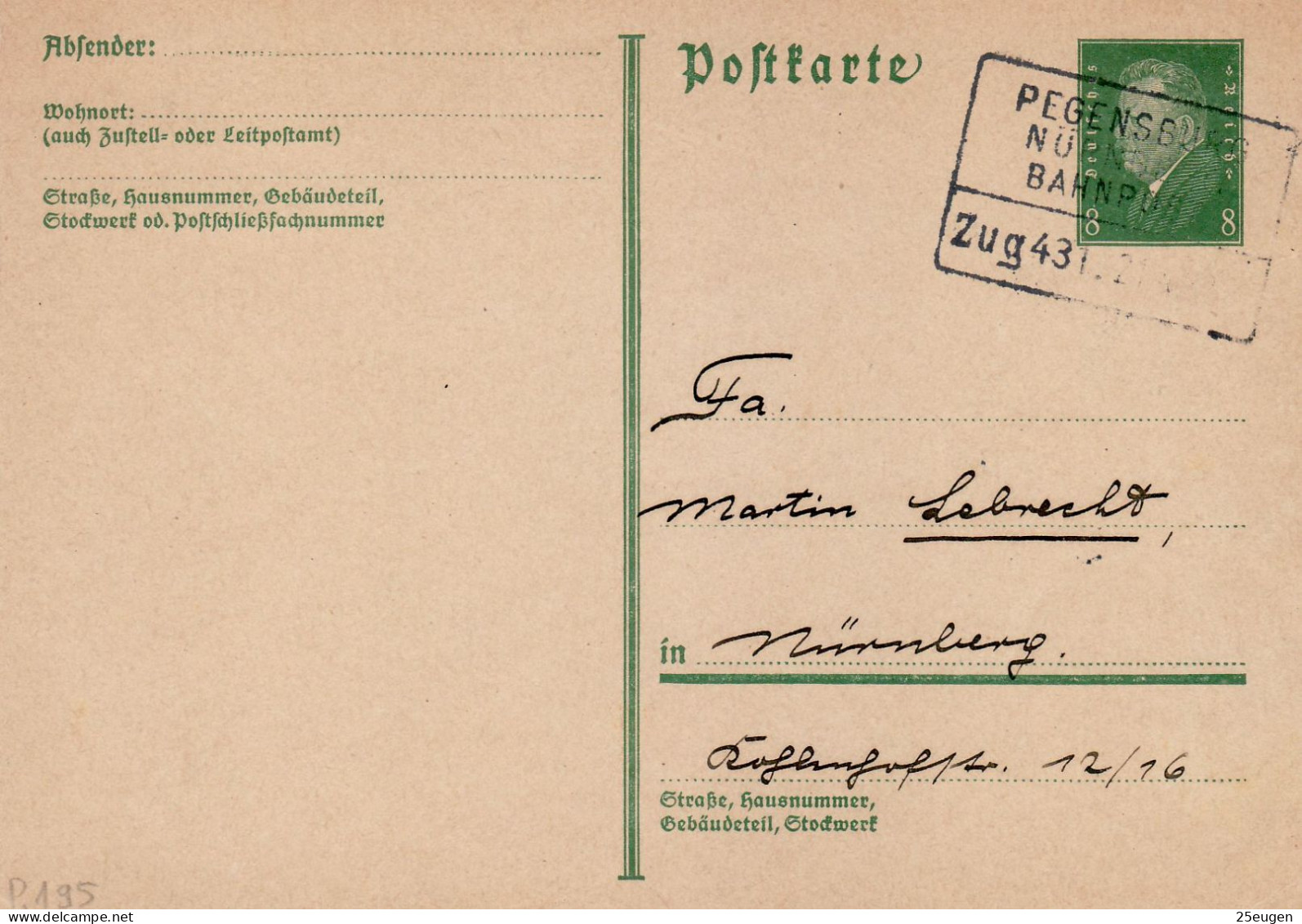 GERMANY WEIMAR REPUBLIC 1931 POSTCARD  MiNr P 195 I  SENT TO NUERNBERG /BAHNPOST/ - Postcards