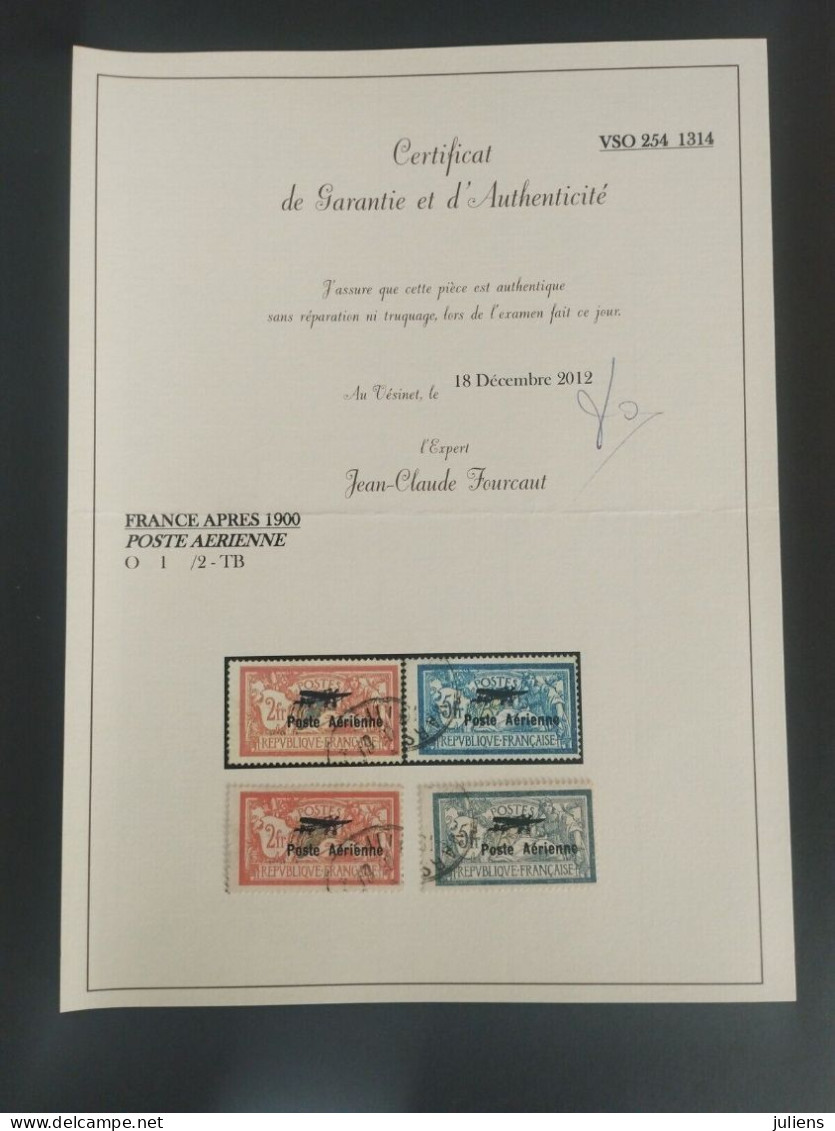 FRANCE + CERTIFICAT FOURCAUT + SIGNE ROUMET POSTE AERIENNE PA 1 PA 2 O TB - 1927-1959 Oblitérés