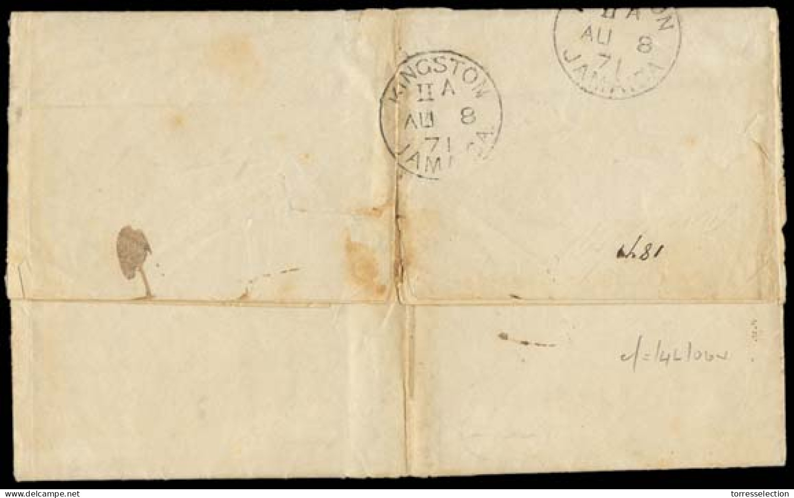 PANAMA. 1874 (Aug 5). Aspinwall - JAMAICA. Precursor Stampless EL With Text Carried Via Colon BPO Blue Credit 4d, Crosse - Panamá