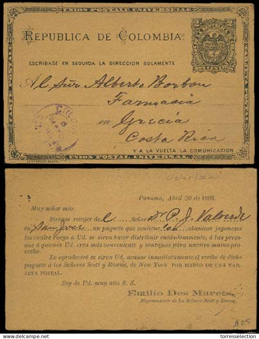 PANAMA. 1888. (Precursor). Panama - Costa Rica / Grecia. Rara Early Stat Card + Arrival Dest Alongside. - Panamá