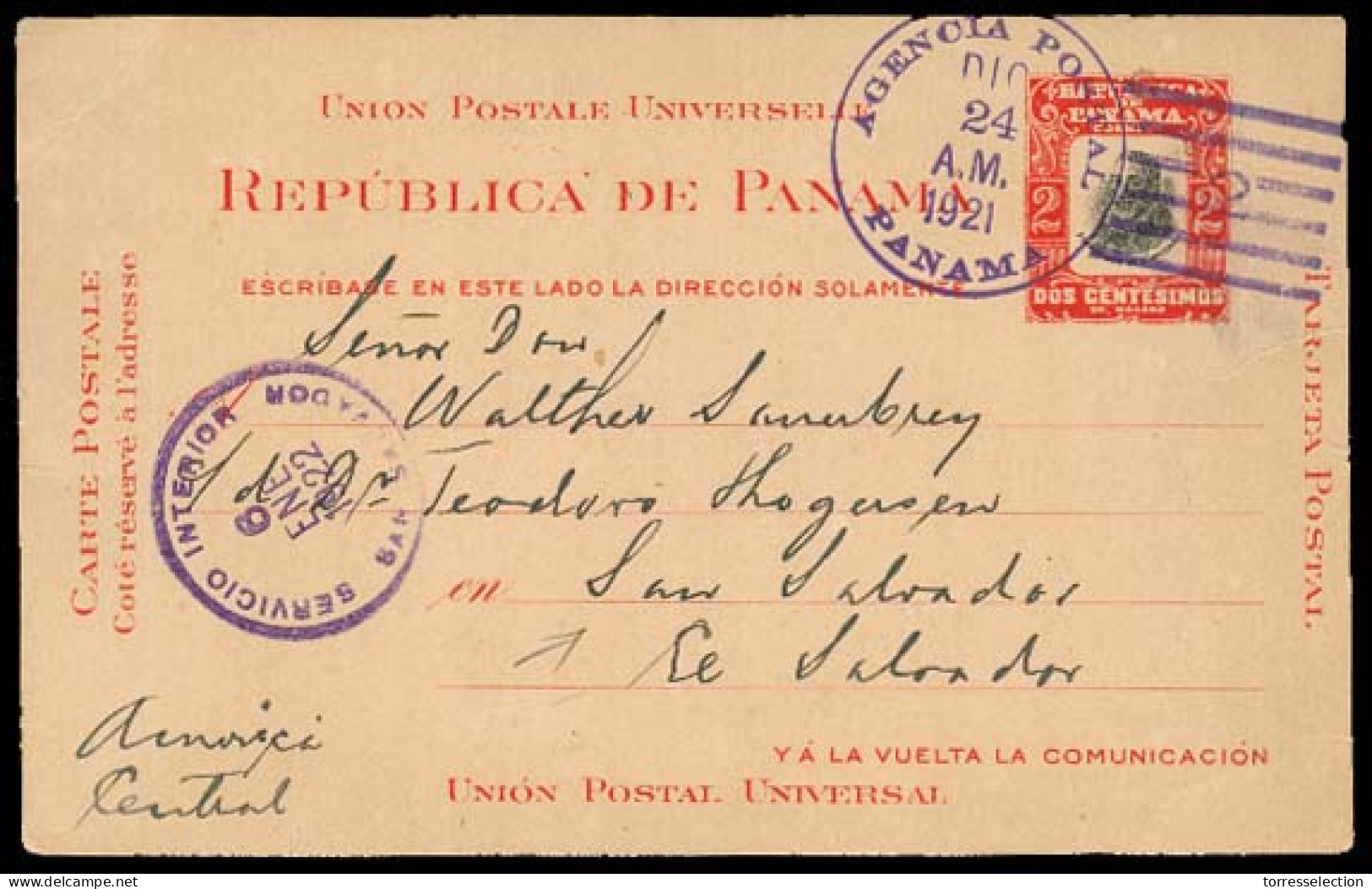 PANAMA. 1921. Panama - Salvador 2c Stat Card. Rare Dest. - Panamá