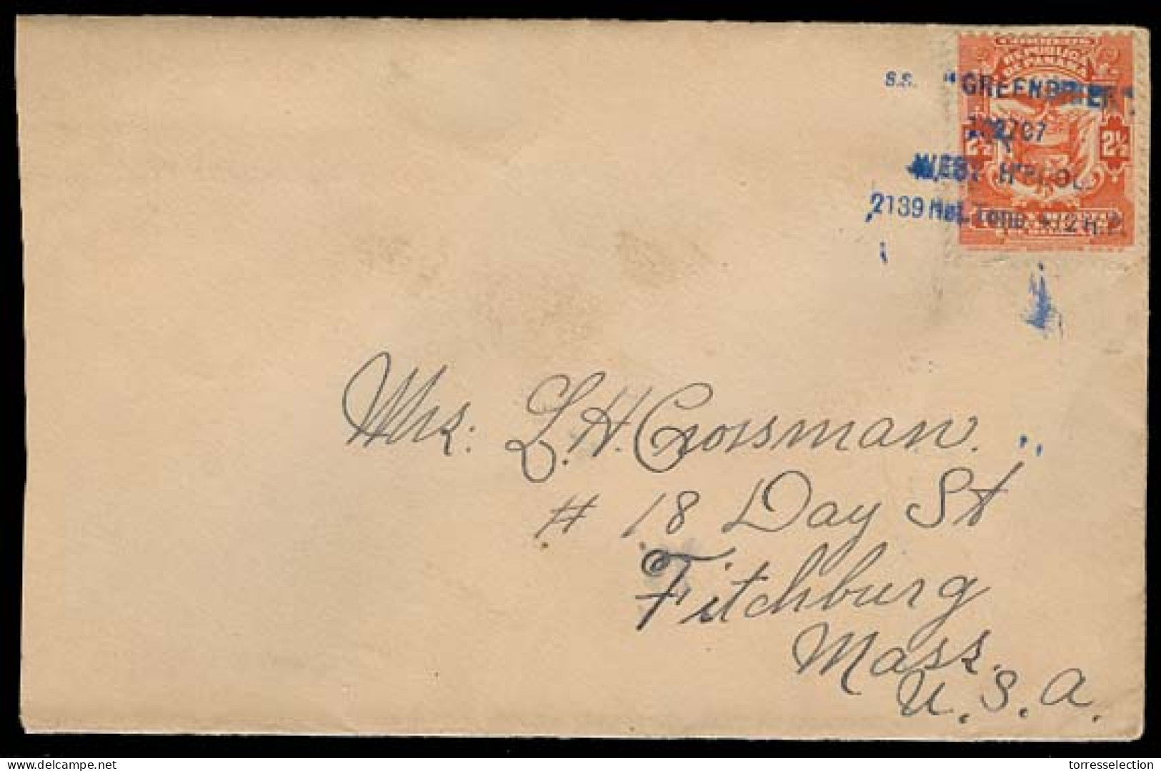 PANAMA. C.1910. Panama - USA. Fkd Env Pqbt Blue Cancel. "SS Greenberg / West Hpool / 2139 Net Tons". VF. - Panamá