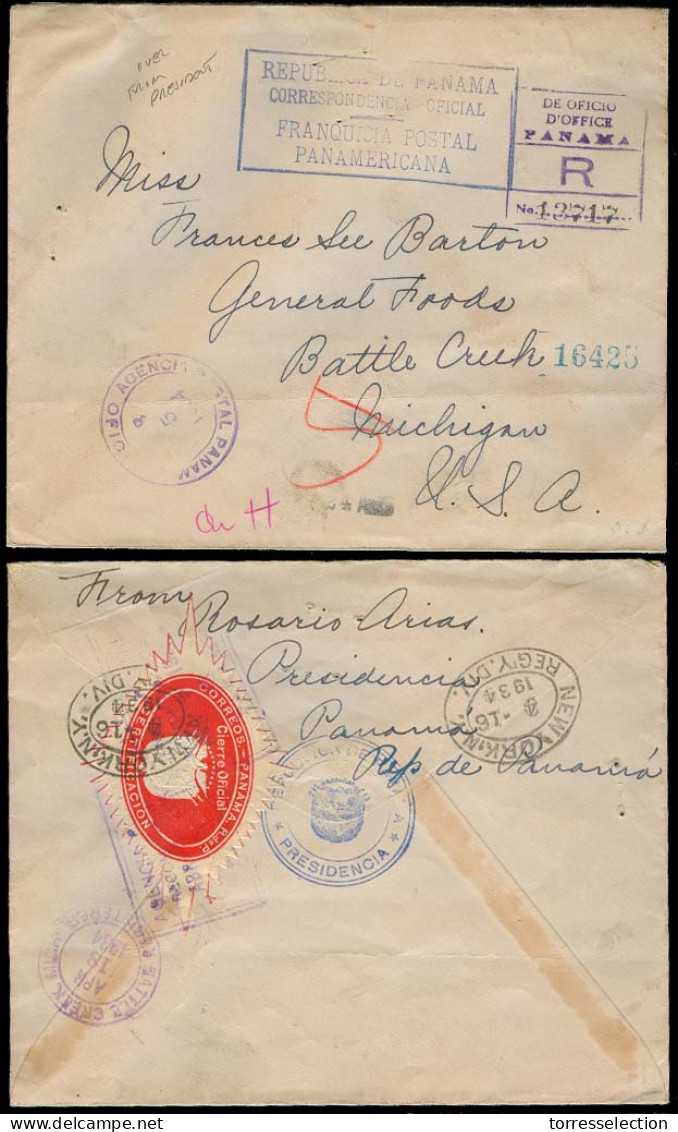 PANAMA. 1934. Panama - USA. Official Mail / Registr Free Frank Env. From "El Presidente" + Seal. See Reverse! - Panamá