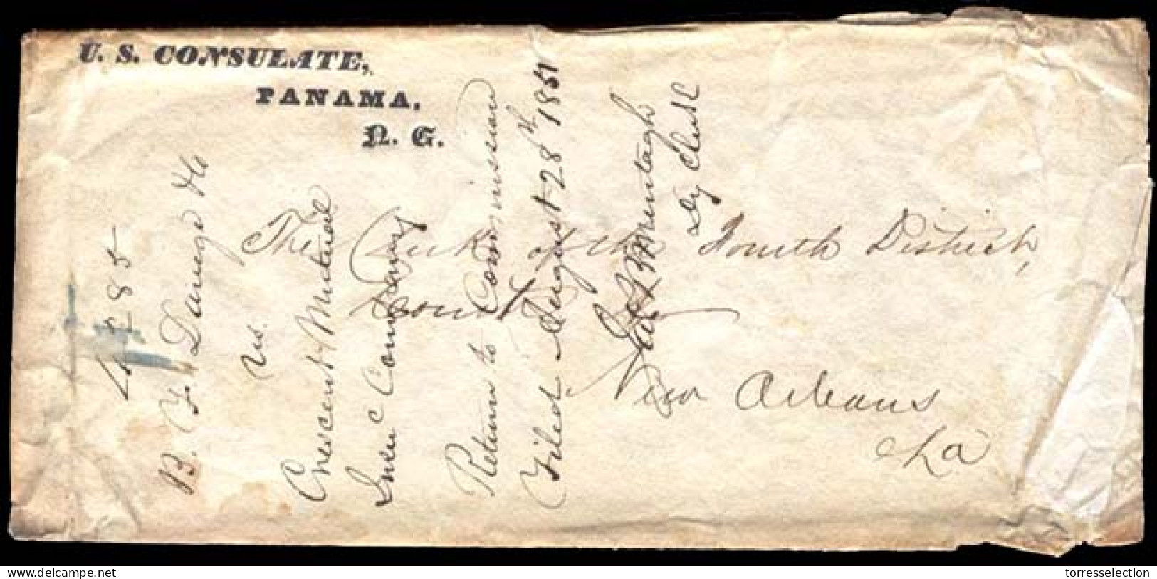 PANAMA. 1851 (Aug.). PANAMA - USA - COLOMBIA. Panama / US Consulate To New Orleans. Legal Usage Envelope, Printed Corner - Panamá