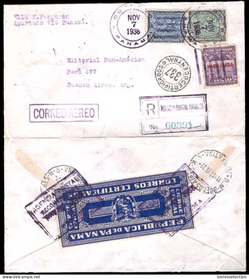 PANAMA. 1936 (Nov. 7). PANAMA - ARGENTINA. Panama To Buenos Aires (11 Nov.). Airmail Registered Franked Envelope With Su - Panamá