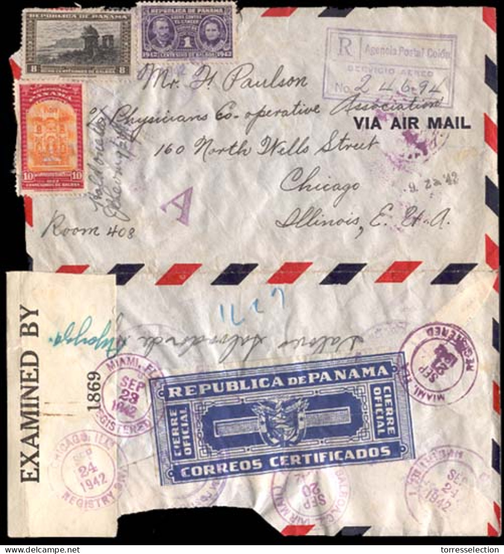 PANAMA. 1942 (18 Sept.). PANAMA - USA. Colon To USA / Chicago (24 Sept.). Via Miami, Registered Envelope. Censored + "Pa - Panamá