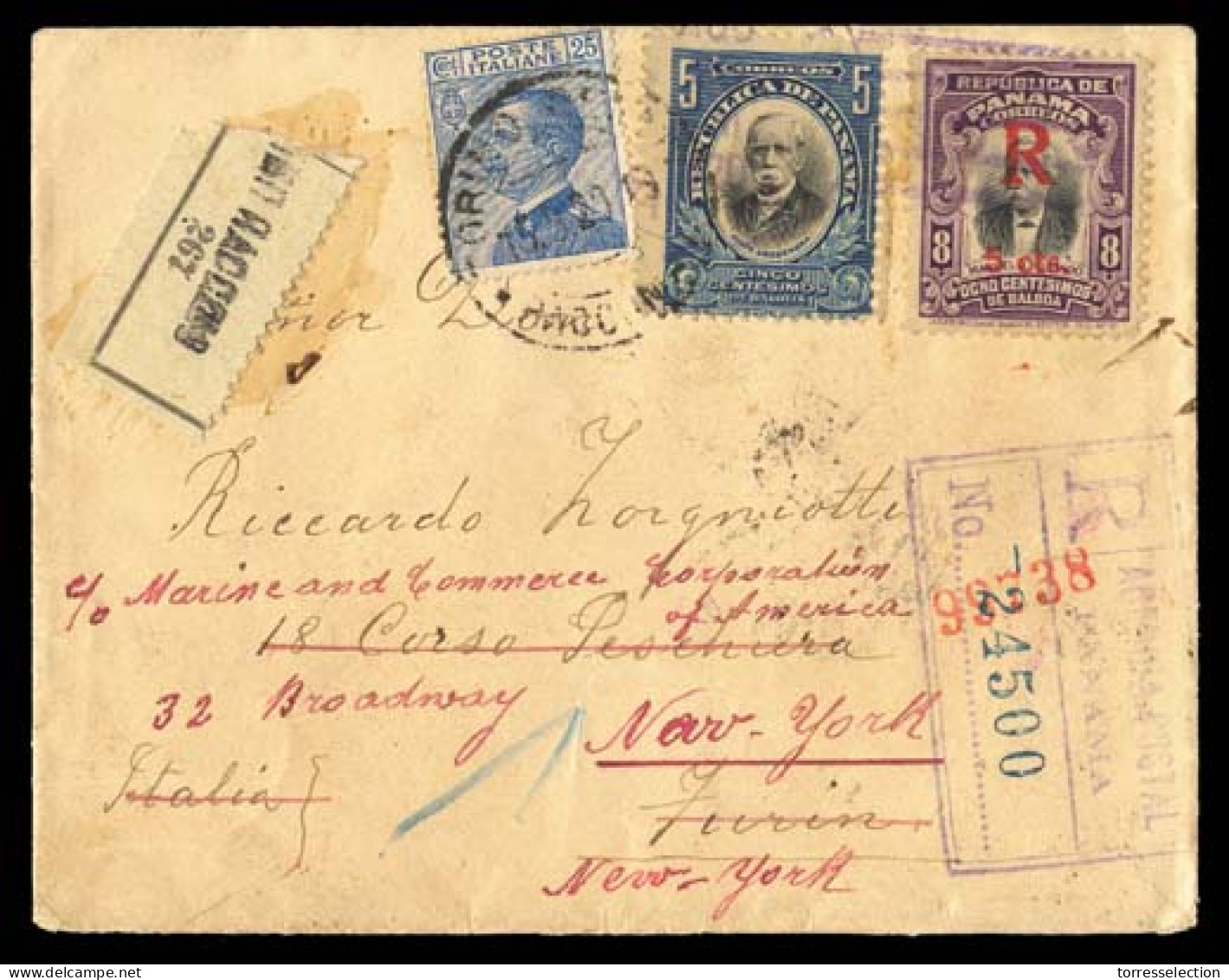 PANAMA. 1920. Panama - Turin / Italy - New York / USA. Registered Franked Envelope To Italy Where Reposted With Italian  - Panamá