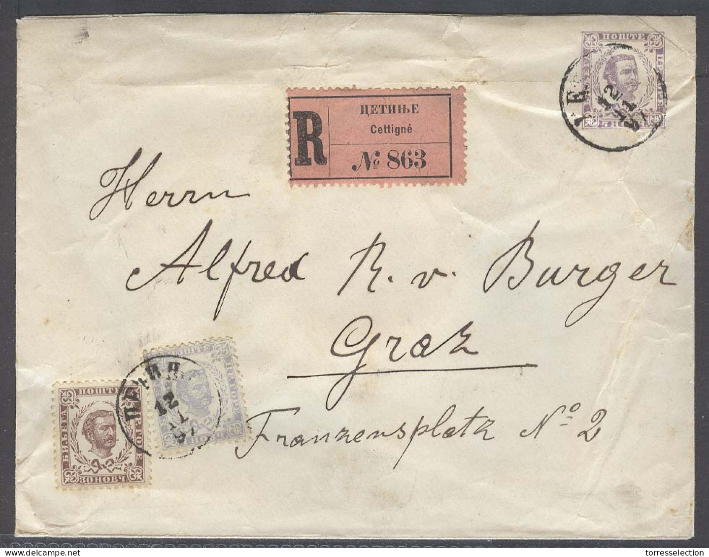 MONTENEGRO. 1897 (12 Nov). Cettigne - Austria, Gratz (18 Nov). Reg 7n Lilac Stat Env 2 Adtls 38n Rate R-label With Arriv - Montenegro