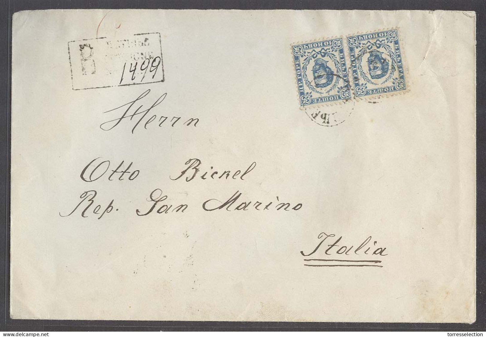 MONTENEGRO. C.1900. Cettigne - Italy. Reg Fkd Env Bearing 10n Blue Horiz Pair Tied Cds Arrival Cachet. Fine Circulated I - Montenegro