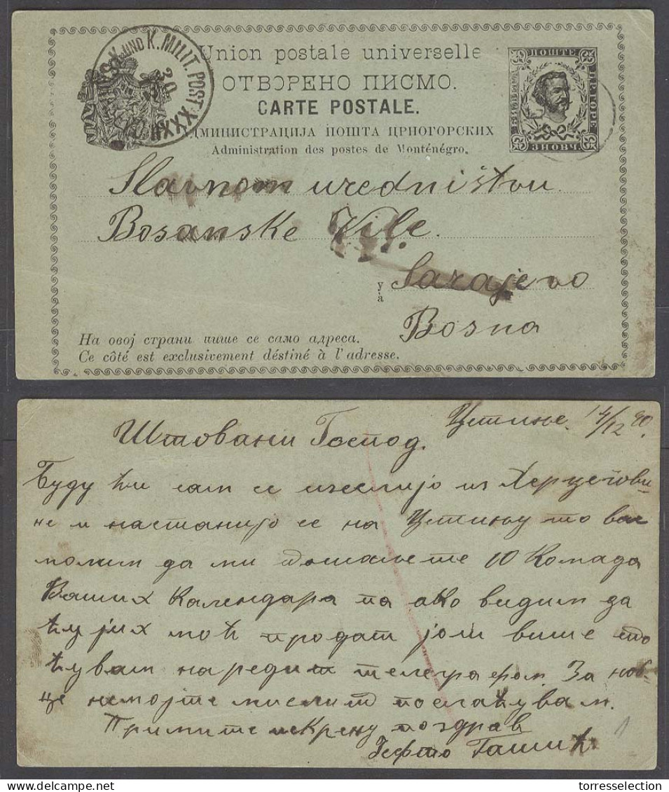 MONTENEGRO. 1890 (14 DeC). Netzec / Niksic (?) - Bosnia, Sarajevo, Bosanske Vile (30 Dec). 3n Black Stat Card Proper Fam - Montenegro