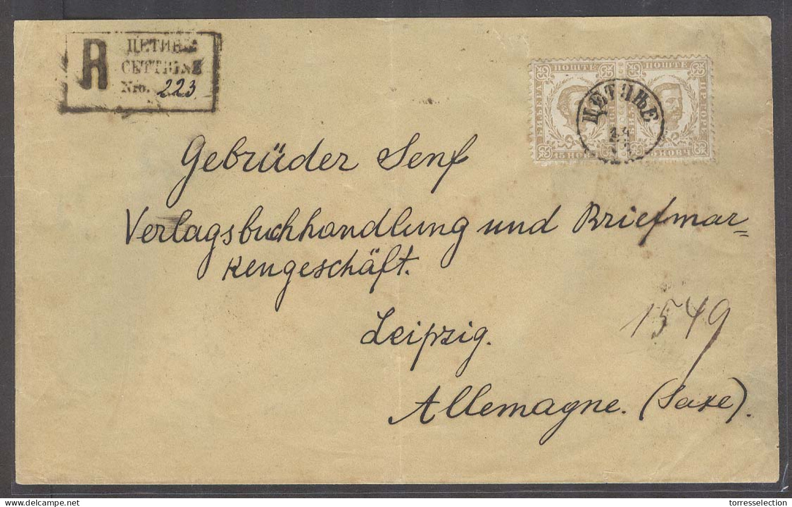 MONTENEGRO. 1891 (14 Nov). Cettigne - Germany (18 Nov). Reg Fkd Env 15n Bister Pair Cds R-pmk. Arrival Cds. VF. - Montenegro