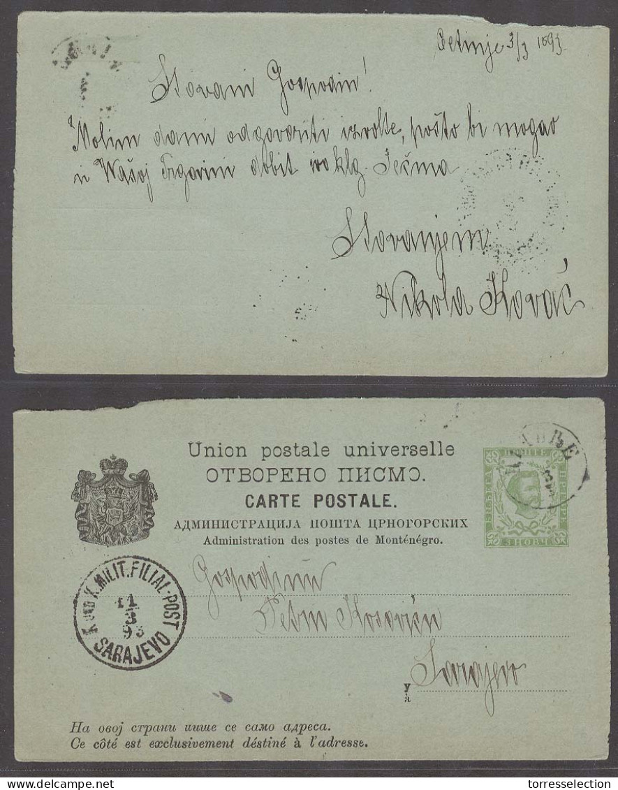 MONTENEGRO. 1893 (3 March). Cettigne - Sarajevo (11 March). 3n Green Stat Card With Proper Text Arrival Cds Alongside. V - Montenegro