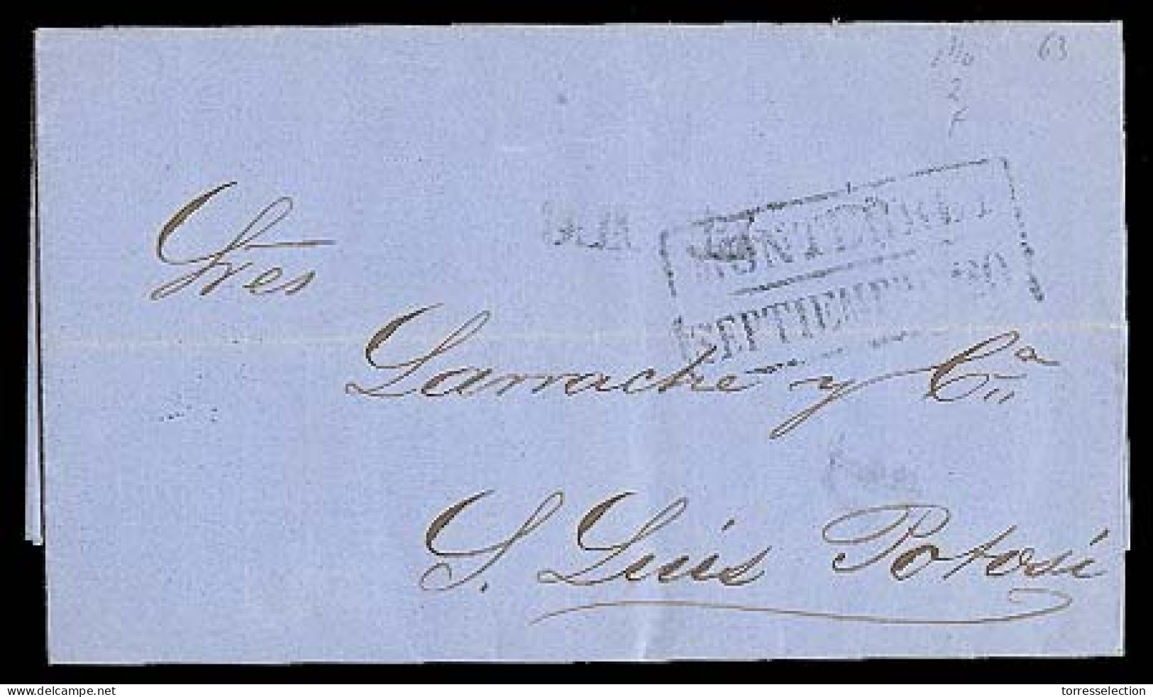 MEXICO - Stampless. 1863 (20 Sept.). Sello Negro. Monterrey To SLP. EL With Box Date "Monterrey" + Straightline "Franco" - México