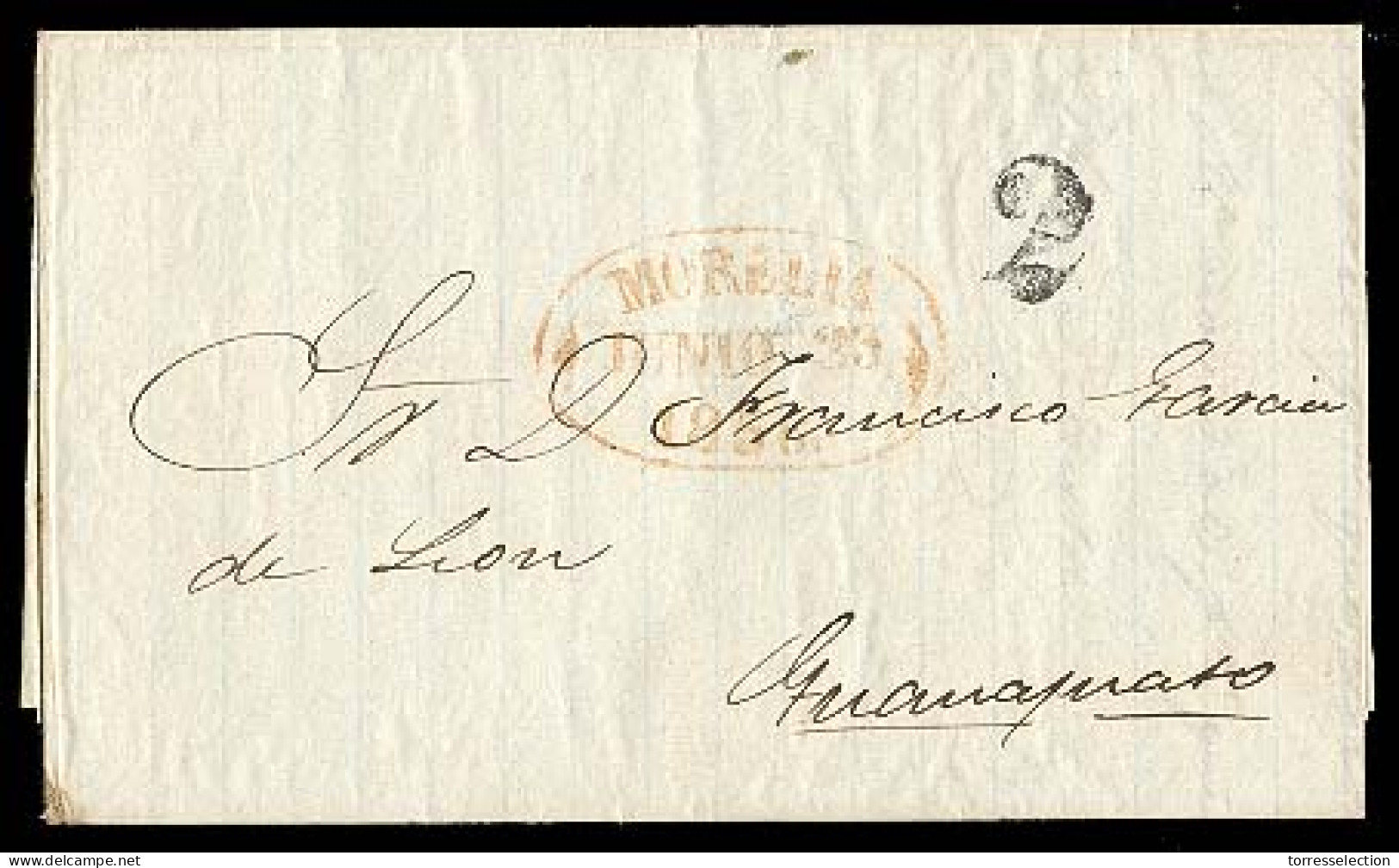 MEXICO - Stampless. 1856 (22 June). Morelia To Guanajuato. EL. With Red Oval "MORELIA" Ds + Black "2" (xxx). ML7. VF Nic - México