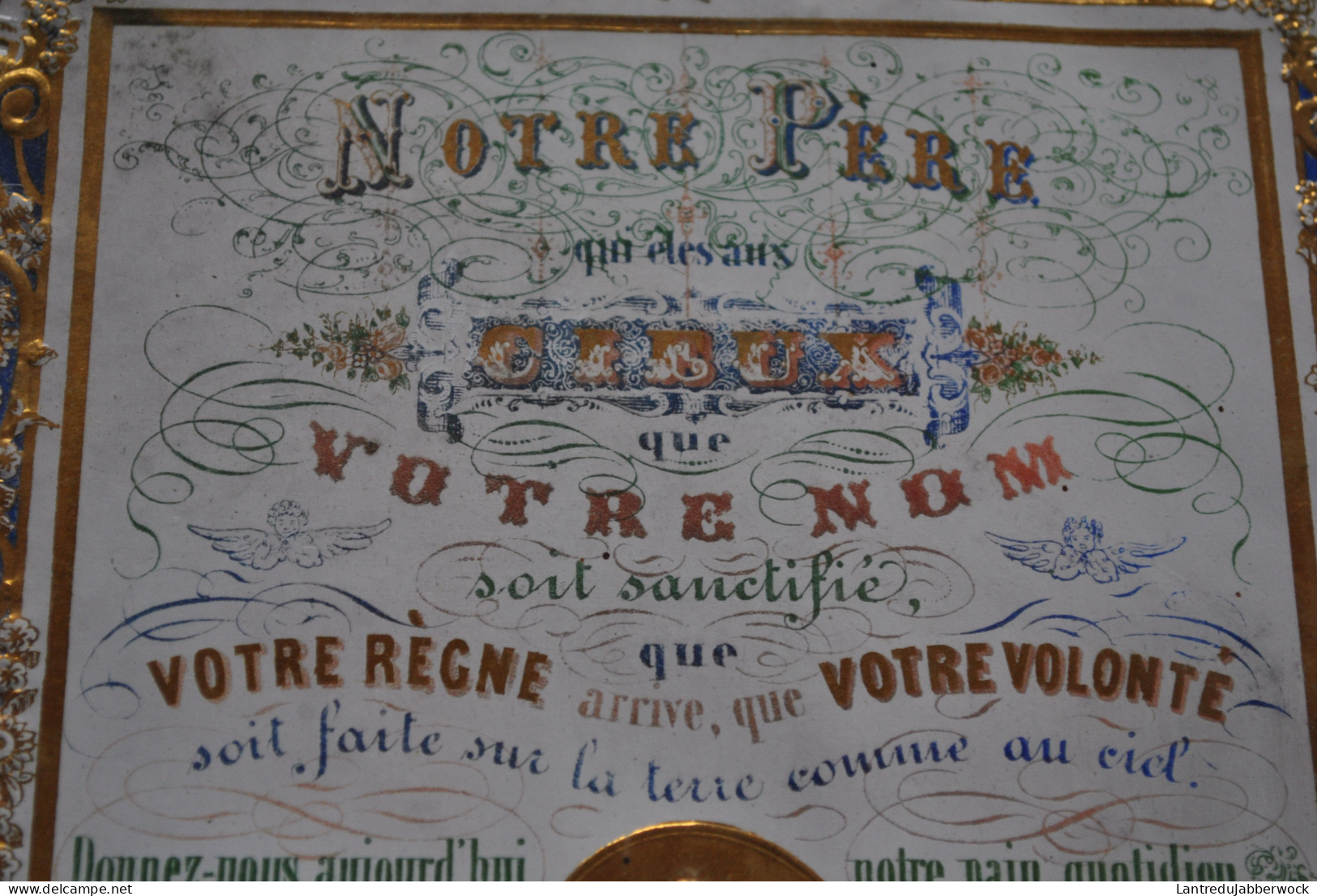 Ancien grand cadre en bois peint Notre Père Prière image rehauts dorés Travail populaire XIXè religiosa souvenir ex voto