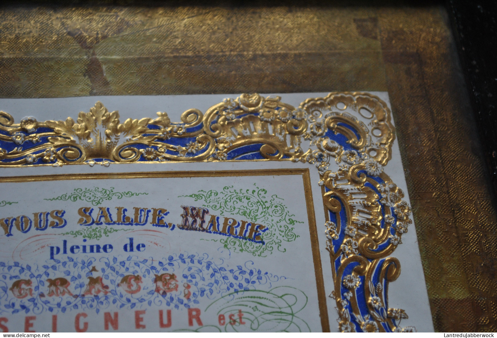 Ancien grand cadre en bois peint Je vous salue Marie Prière image Travail populaire XIXè ? religiosa souvenir ex voto