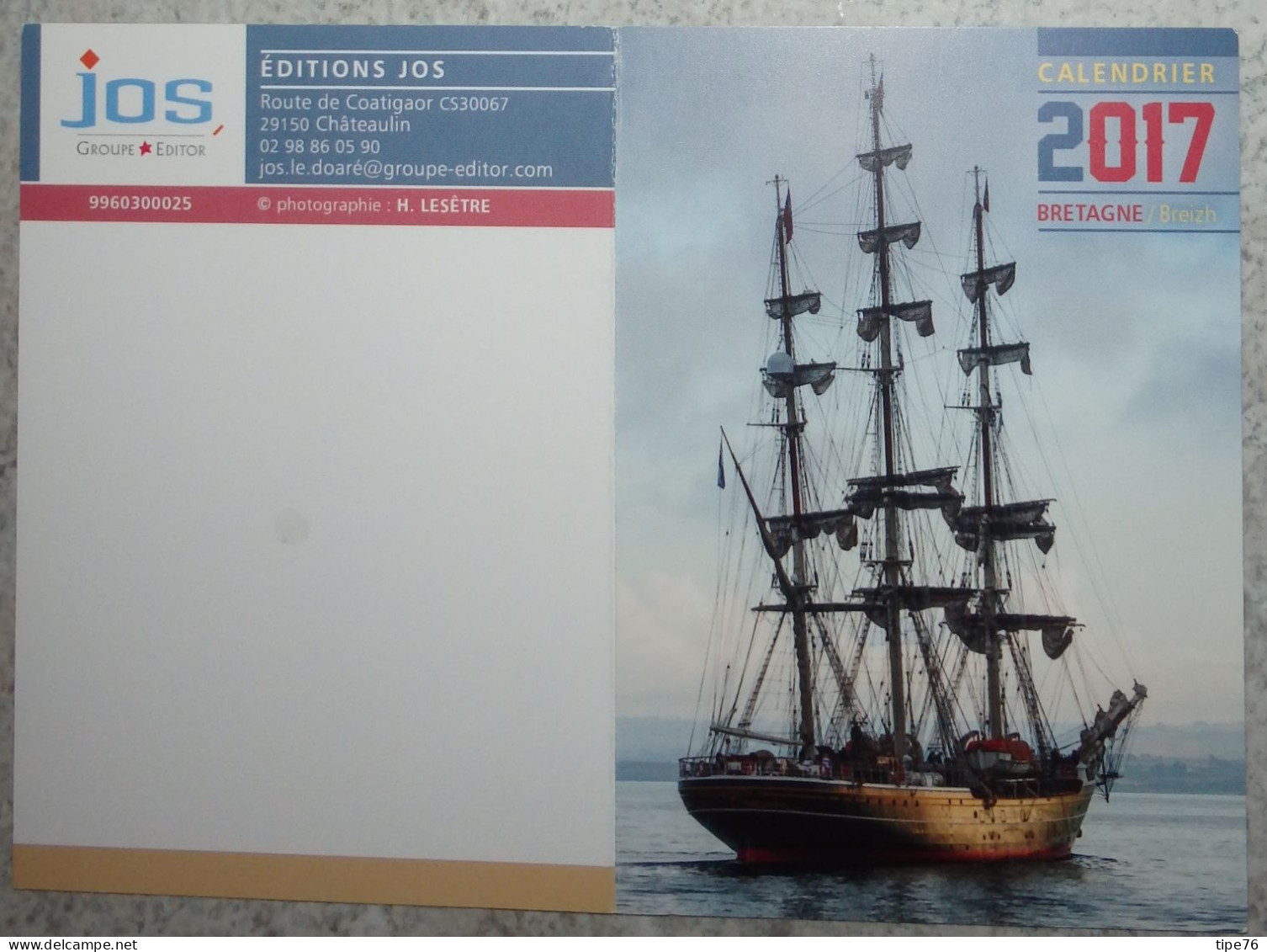 Petit Calendrier Poche 2017 éditions JOS Bretagne  Châteaulin Finistère Bateau Trois Mats Voiles - Klein Formaat: 2001-...