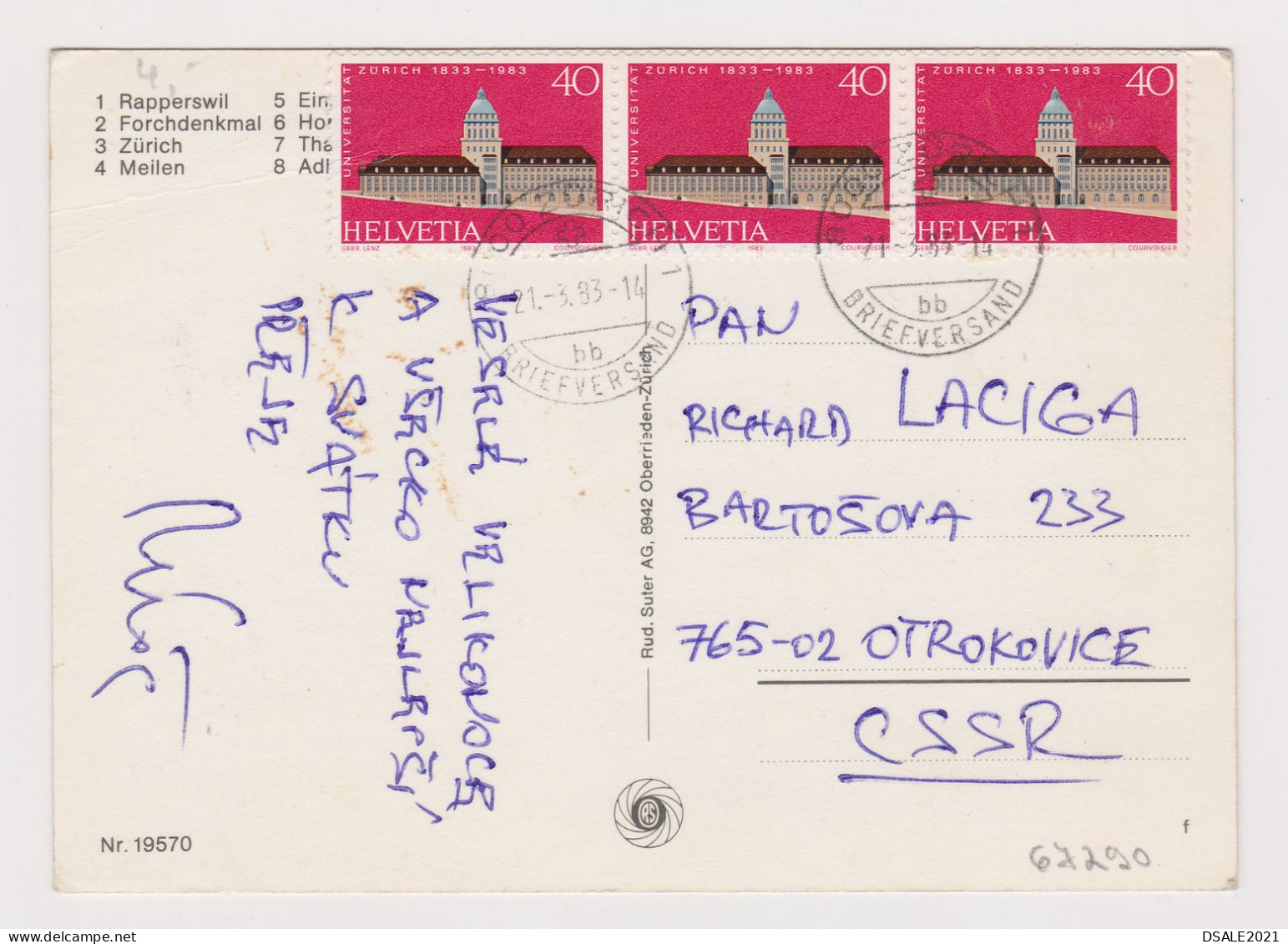 Switzerland Mi#1245 3x20C Topic Stamps Zurich University, 1980s Map Postcard Sent Abroad To Czech (67290) - Briefe U. Dokumente