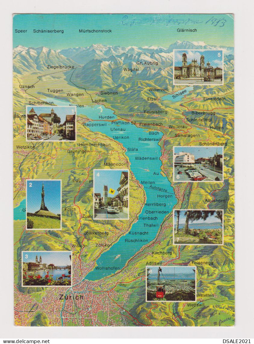 Switzerland Mi#1245 3x20C Topic Stamps Zurich University, 1980s Map Postcard Sent Abroad To Czech (67290) - Brieven En Documenten