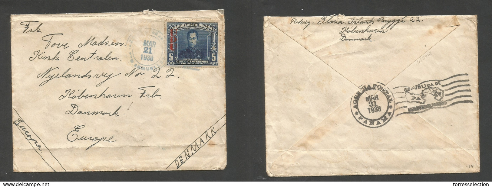 PANAMA. 1938 (21 March) Pto. Armuelles - Denmark, Cph. 5c Ovptd Fkd Env, Tied Rolling Cachet + Dest. Scarce Origin. - Panamá