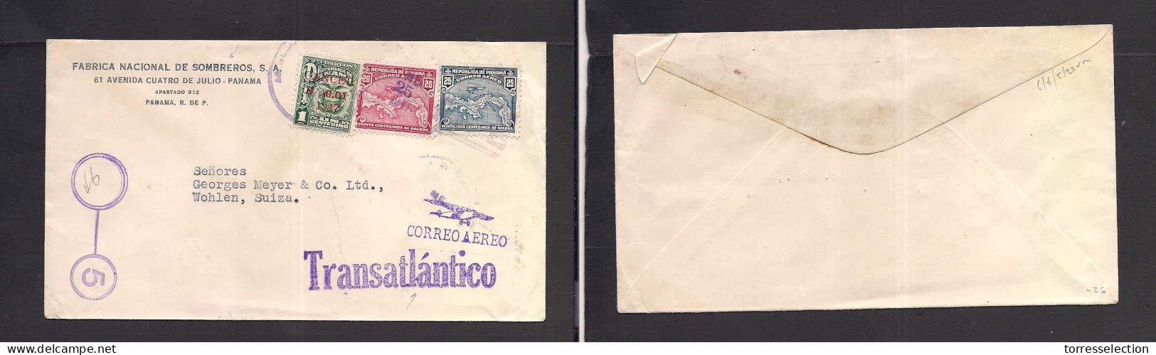 PANAMA. 1947 (25 June) GPO - Switzerland, Wohlen. Air Transatlantico Special Cachet. Multifkd Envelope. - Panamá