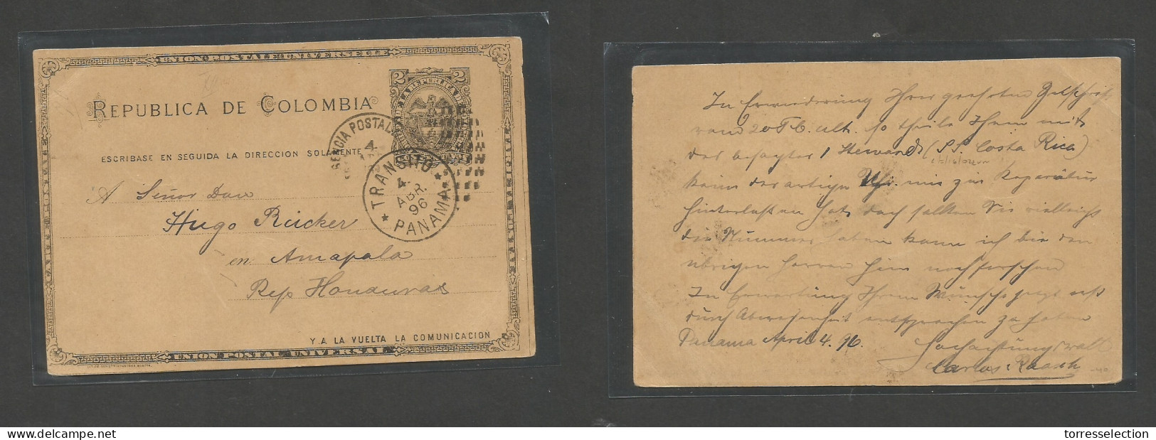 PANAMA. 1896 (4 April) Agenia Postal GPO - HONDURAS, Amapola. 2c Black Stat Card, Transito Cds Alongside. Rare Destinati - Panama