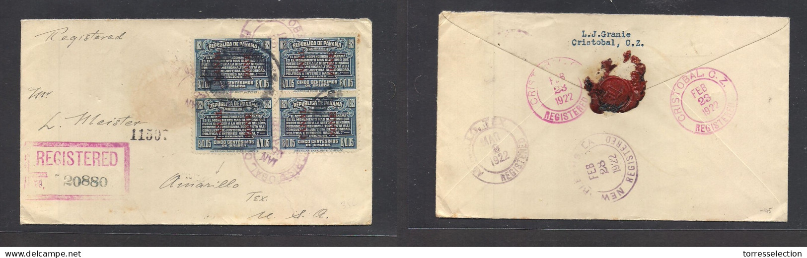 PANAMA. 1922 (25 Jan) Cristobal, Canalzone - Amarillo, Tx, USA (2 March) Via New Orleans. Registered Multifkd Panama. Bl - Panamá