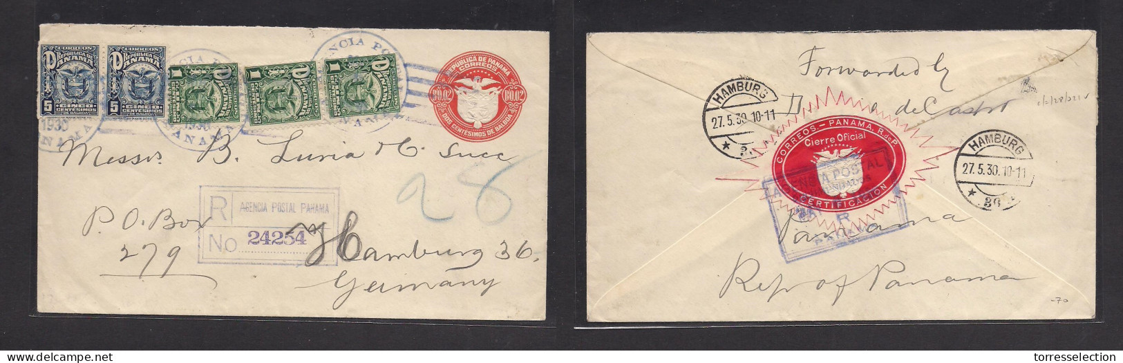PANAMA. 1930 (6 May) GPO - Germany, Hamburg (27 May) Registered Multifkd 0,02 Bs Red Stat Env + Five Adtls. Reverse Red  - Panamá
