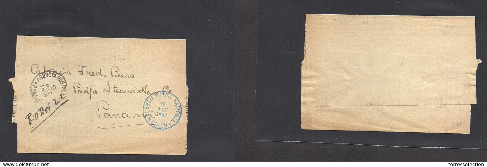 PANAMA. 1893 (2 May) APN Colon - Panama (2 May) Complete Wrapper Free Mail Blue Depart Cds + Arrival Cachet On Front. Ad - Panamá