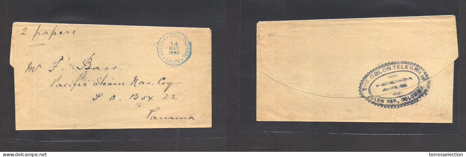 PANAMA. 1892 (14 May) APN Colon - Panama. The Colon Telegram Free Mail Complete Wrapper Blue Cds, Reverse Comercial Cach - Panamá