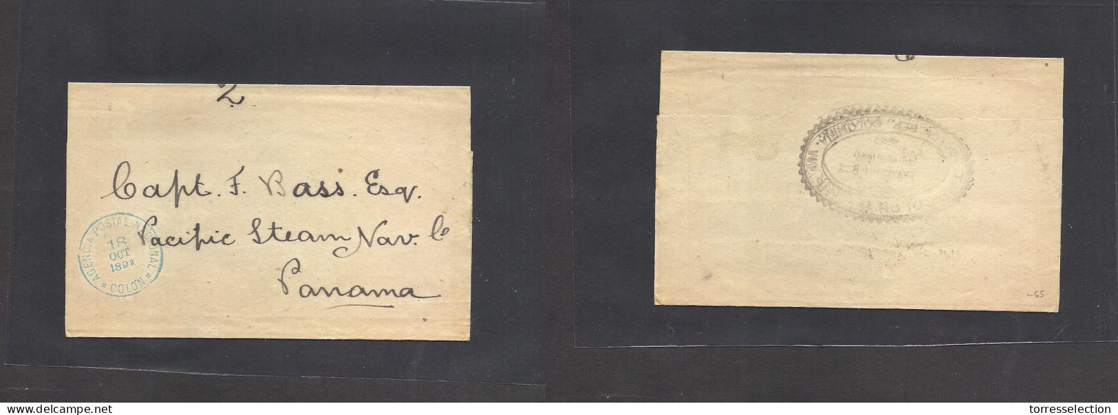 PANAMA. 1892 (18 Oct) APN Colon - Panama. Free Fkd Complete Wrapper Adressed To Captain F. Bass / Pacific Steam Navigati - Panamá