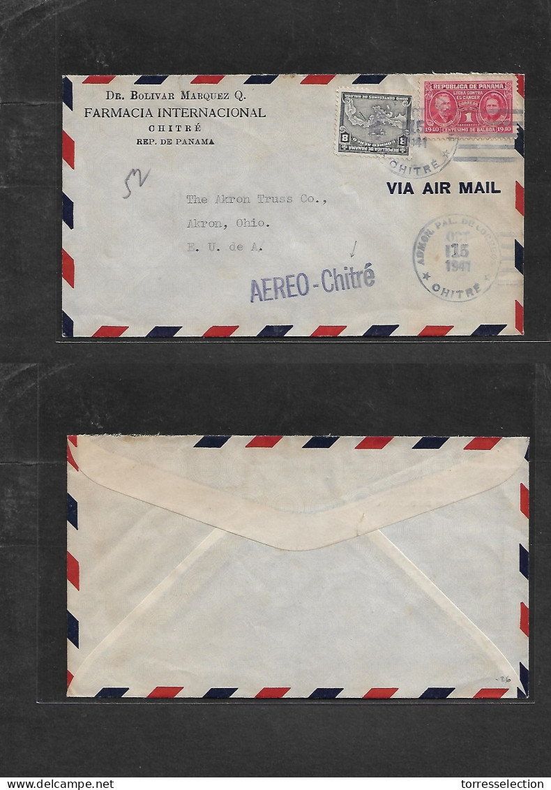 PANAMA. 1941 (15 Oct) Chitre - USA, Akron, OH Air Multifkd Env + "AEREO - Chitre" Cachet. Fine Used. - Panama