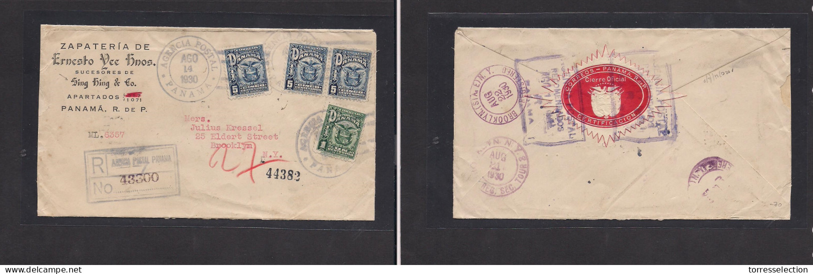 PANAMA. 1930 (14 Aug) GPO - USA, NY, Brooklyn (22 Aug) Registered Multifkd Printed Env At 16c Rate. Chinese Business. VF - Panamá