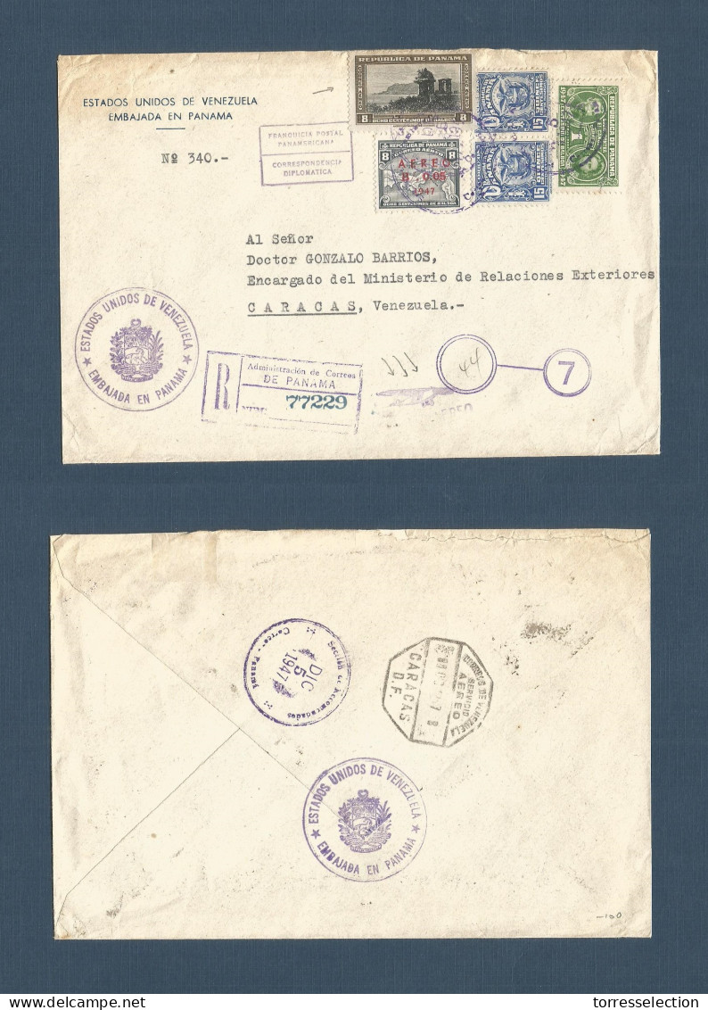 PANAMA. 1947 (5 Dec) GPO - Venezuela, Caracas (8 Dec) Consular Mail. Air Registered Multifkd Envelope. Lovely Usage + Ca - Panamá